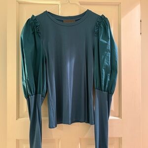 Anthropologie Ribbed Elegant Teal Puff Sleeve Top. Medium
